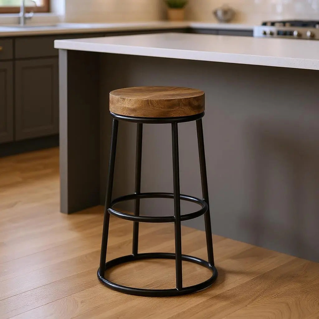 26" Natural and Black Solid Wood and Iron Backless Counter Height Bar Chair Homeroots Living Room