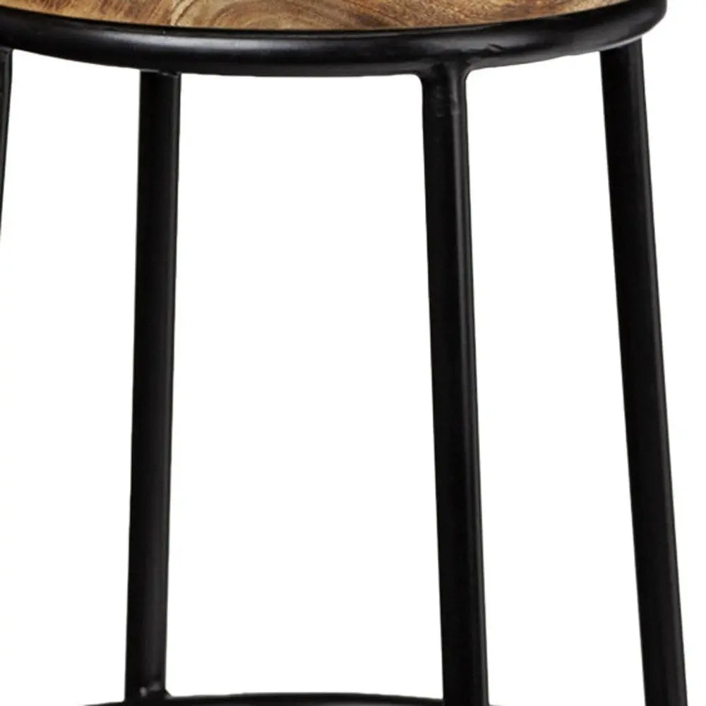 26" Natural and Black Solid Wood and Iron Backless Counter Height Bar Chair Homeroots Living Room