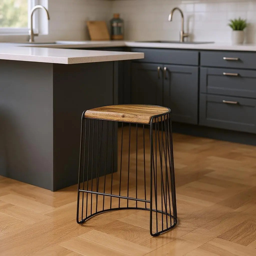 26" Natural and Black Solid Wood and Iron Backless Counter Height Bar Chair Homeroots Living Room
