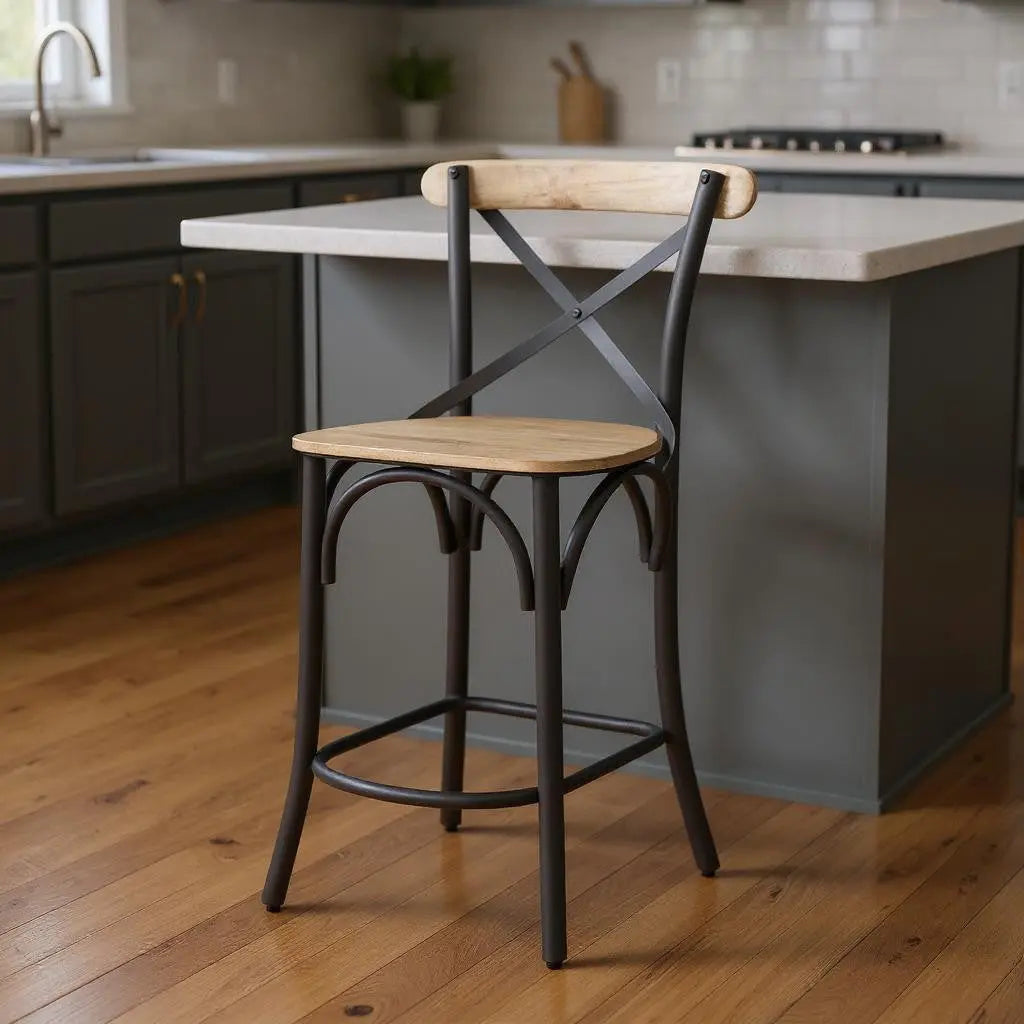 26" Natural and Gray Solid Wood and Iron Counter Height Bar Chair Homeroots Living Room