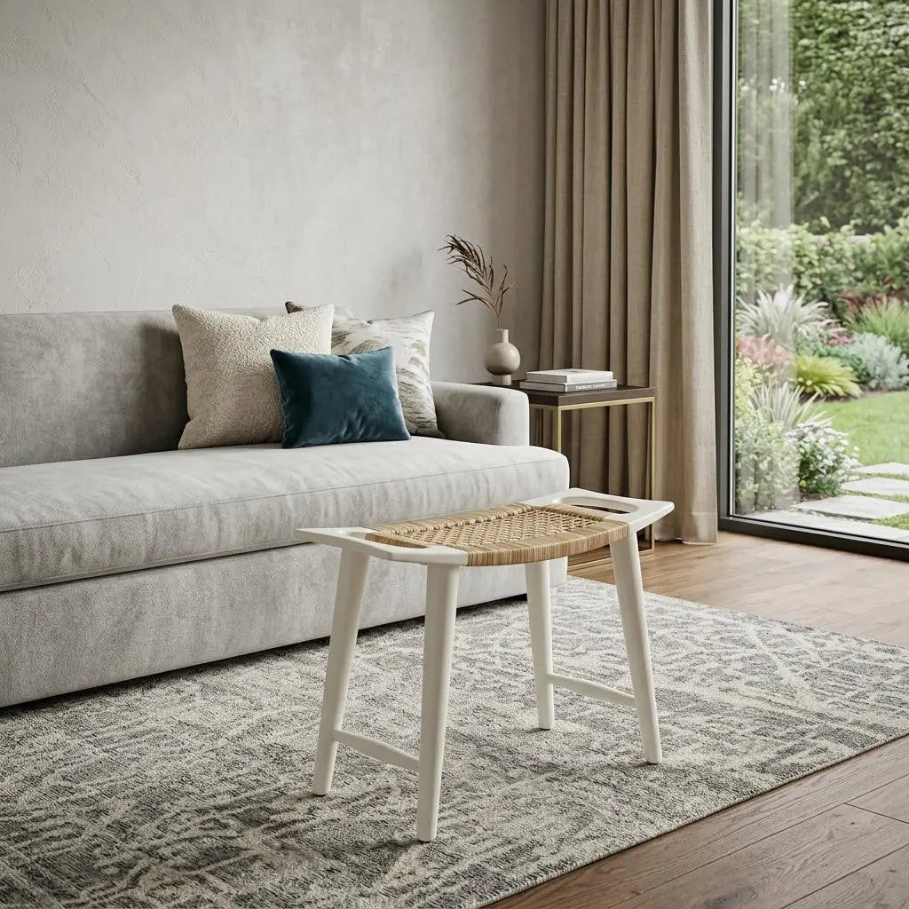26" Natural and White Solid Wood Footstool Homeroots Living Room