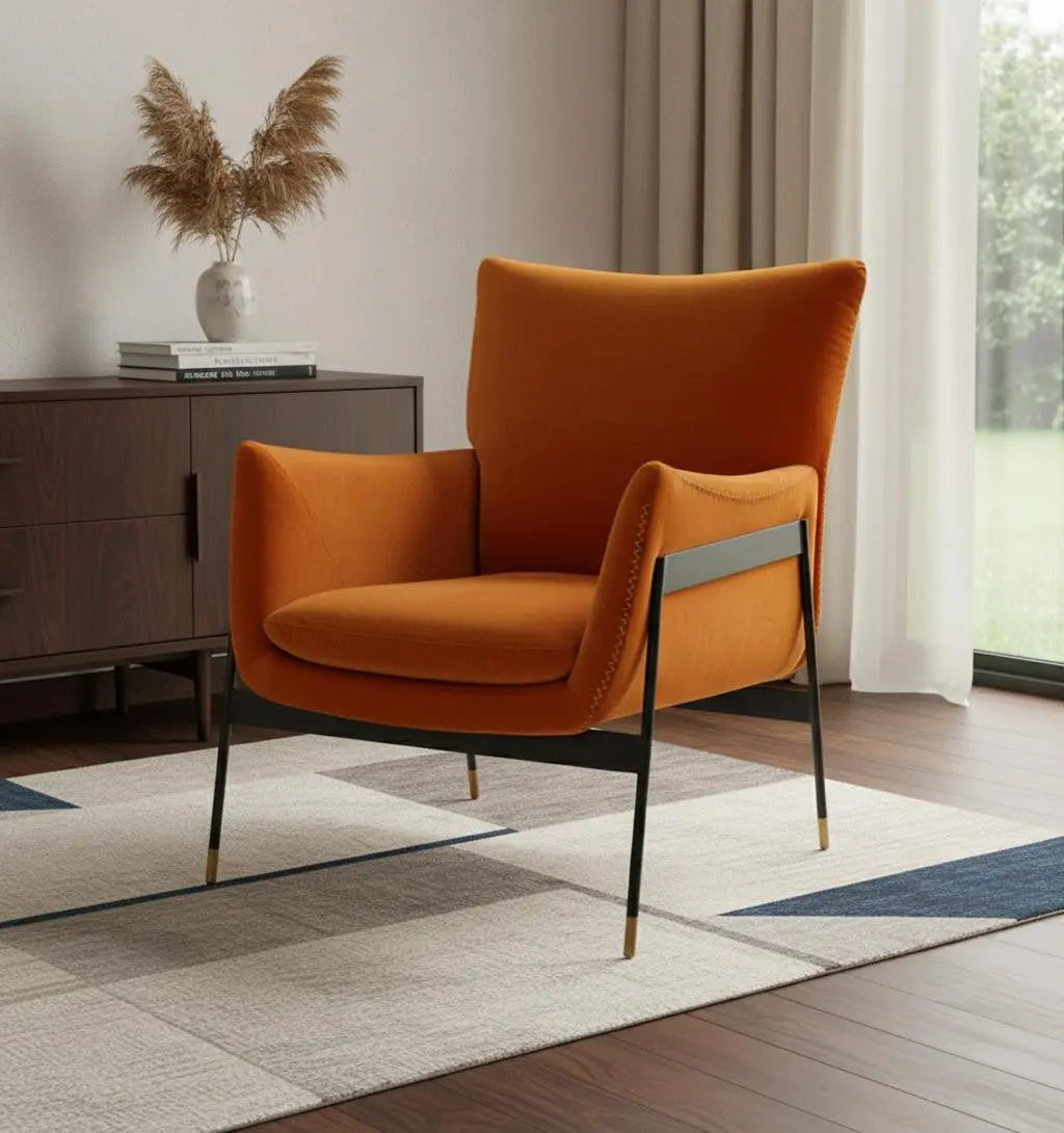 26" Orange And Black Velvet Wingback Chair Homeroots Living Room