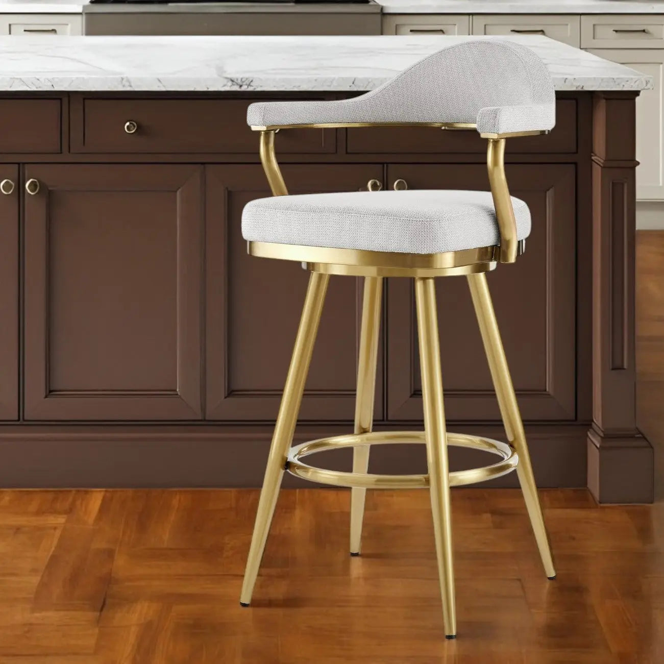 26" Silver and Gold Fabric and Stainless Steel Counter Height Swivel Bar Chair Homeroots Living Room