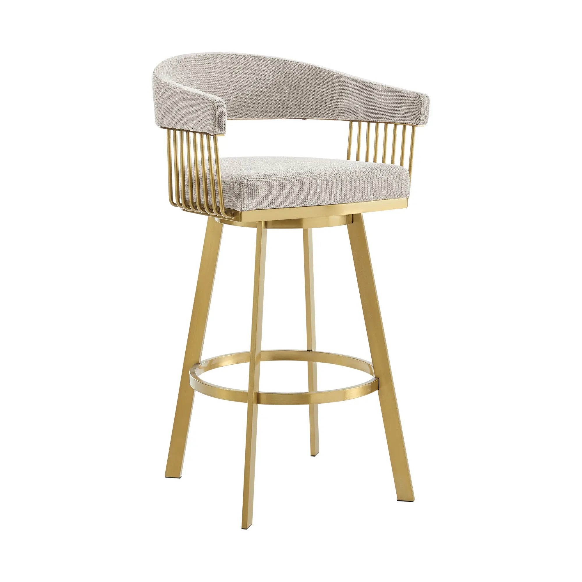 Modern beige upholstered bar stool with gold metal frame and curved backrest, perfect for contemporary dining spaces.
