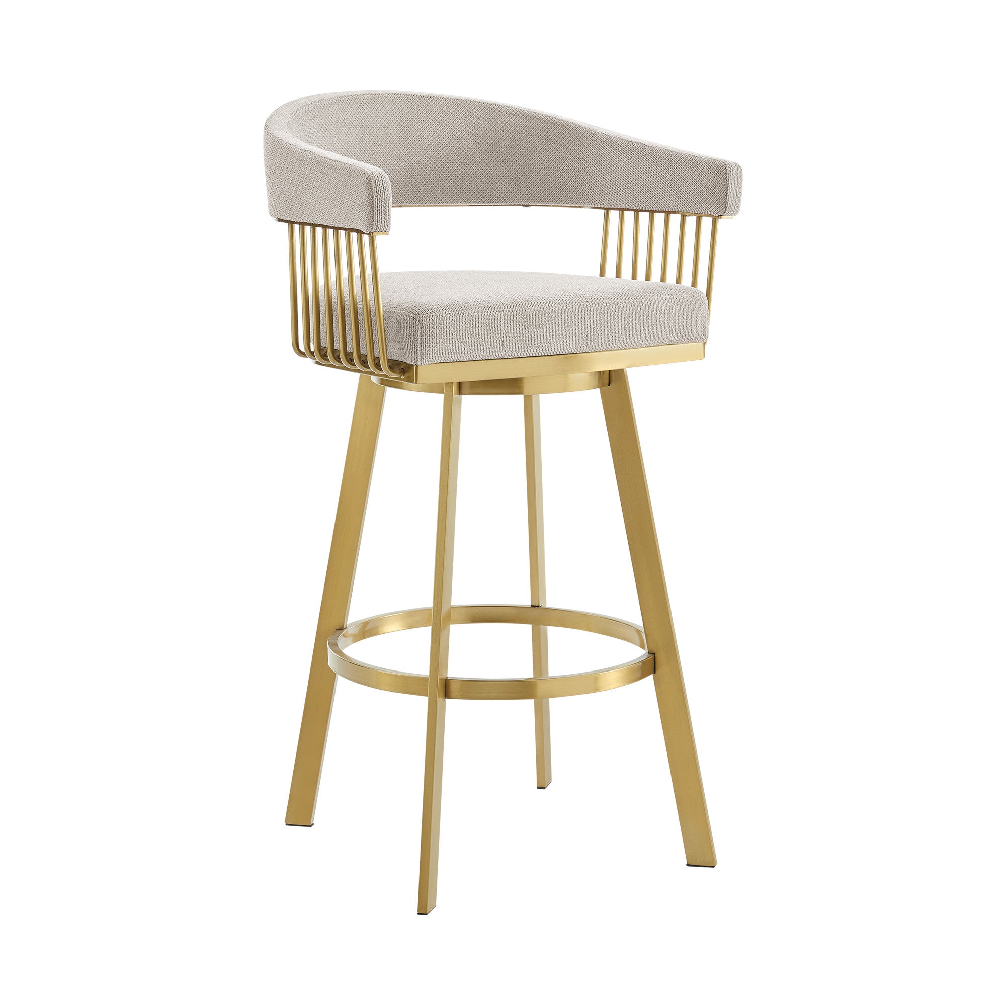Modern beige upholstered bar stool with gold metal frame and curved backrest, perfect for contemporary dining spaces.