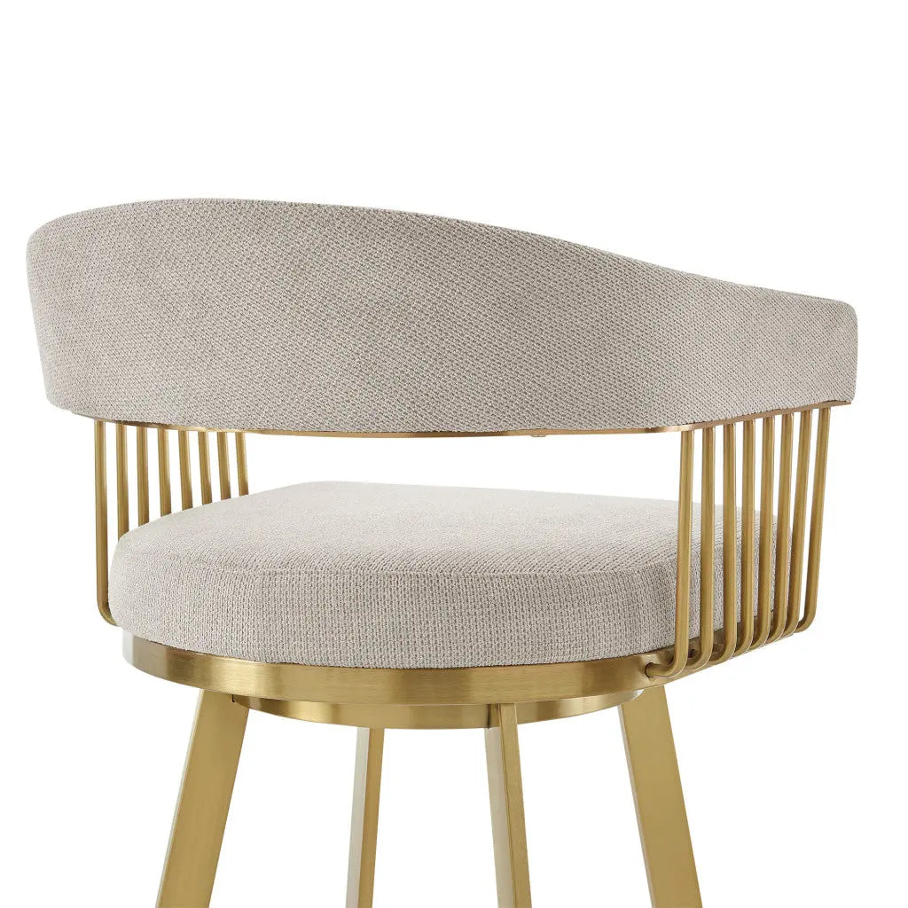 26" Taupe and Gold Fabric and Stainless Steel Low Back Counter Height Swivel Bar Chair Homeroots Living Room