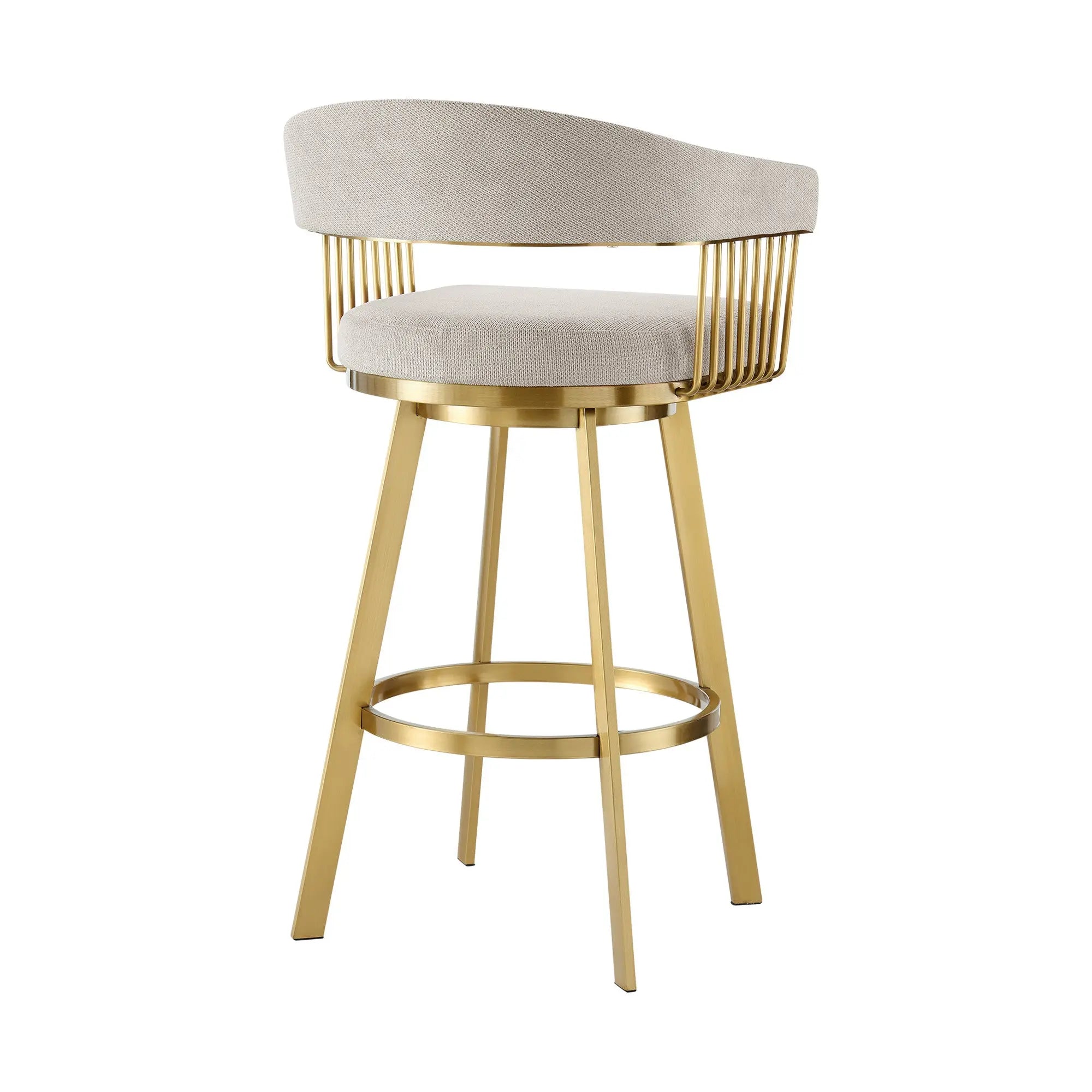 26" Taupe and Gold Fabric and Stainless Steel Low Back Counter Height Swivel Bar Chair Homeroots Living Room