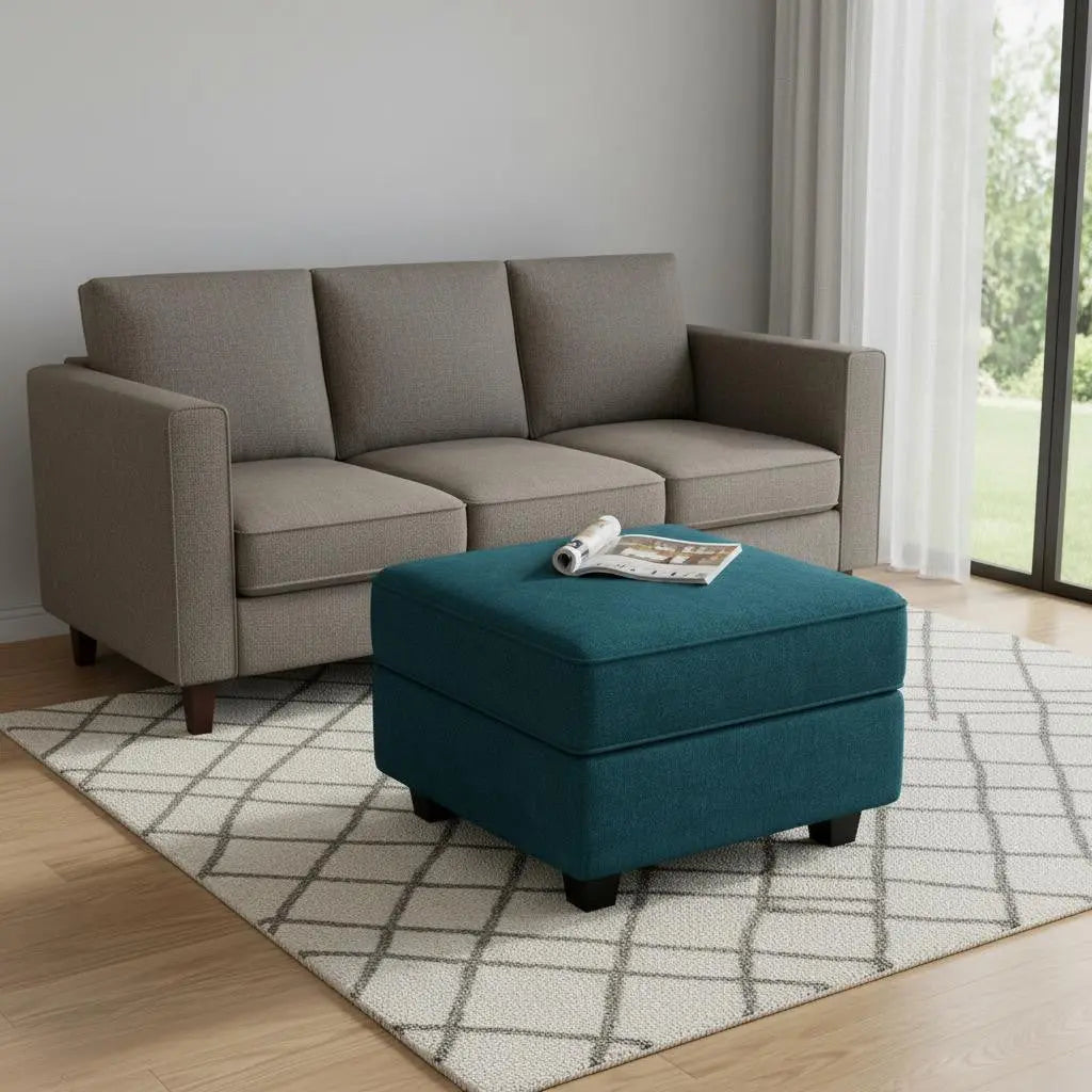 26" Teal Blue and Black Solid Wood and Microfiber Storage Ottoman Homeroots Living Room