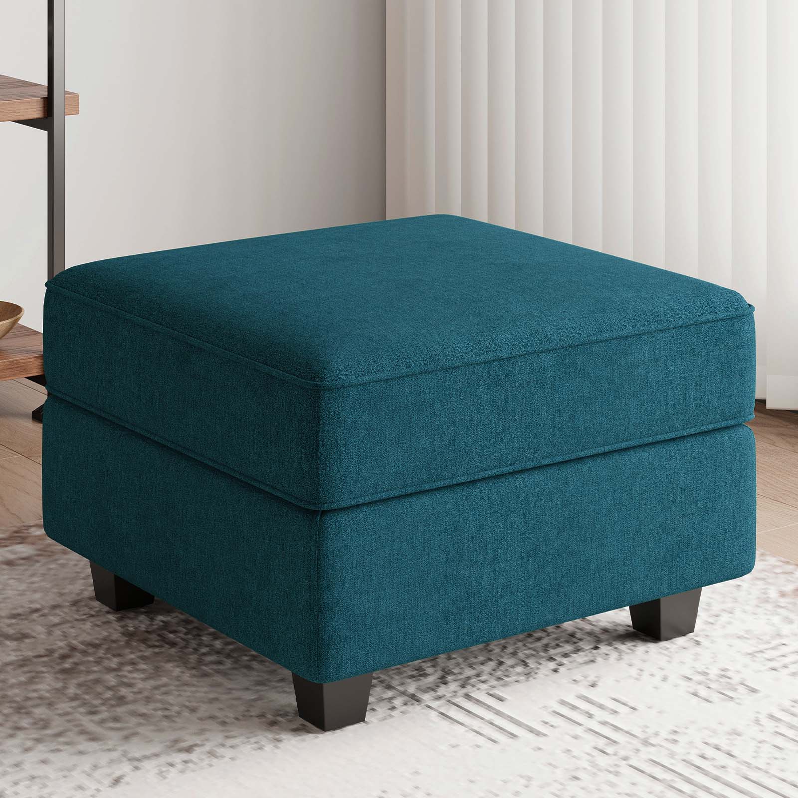 26" Teal Blue and Black Solid Wood and Microfiber Storage Ottoman Homeroots Living Room
