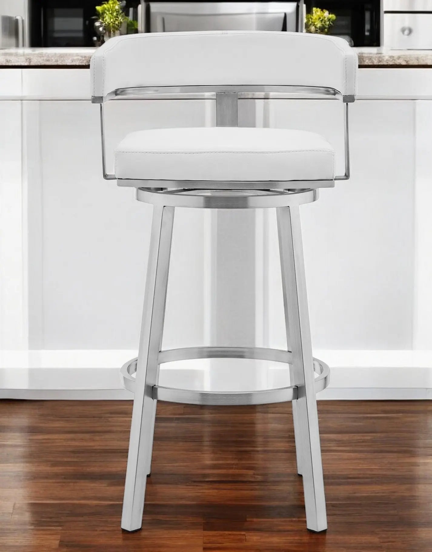 26" White And Silver Faux Leather And Stainless Steel Low Back Counter Height Swivel Bar Chair Homeroots Living Room