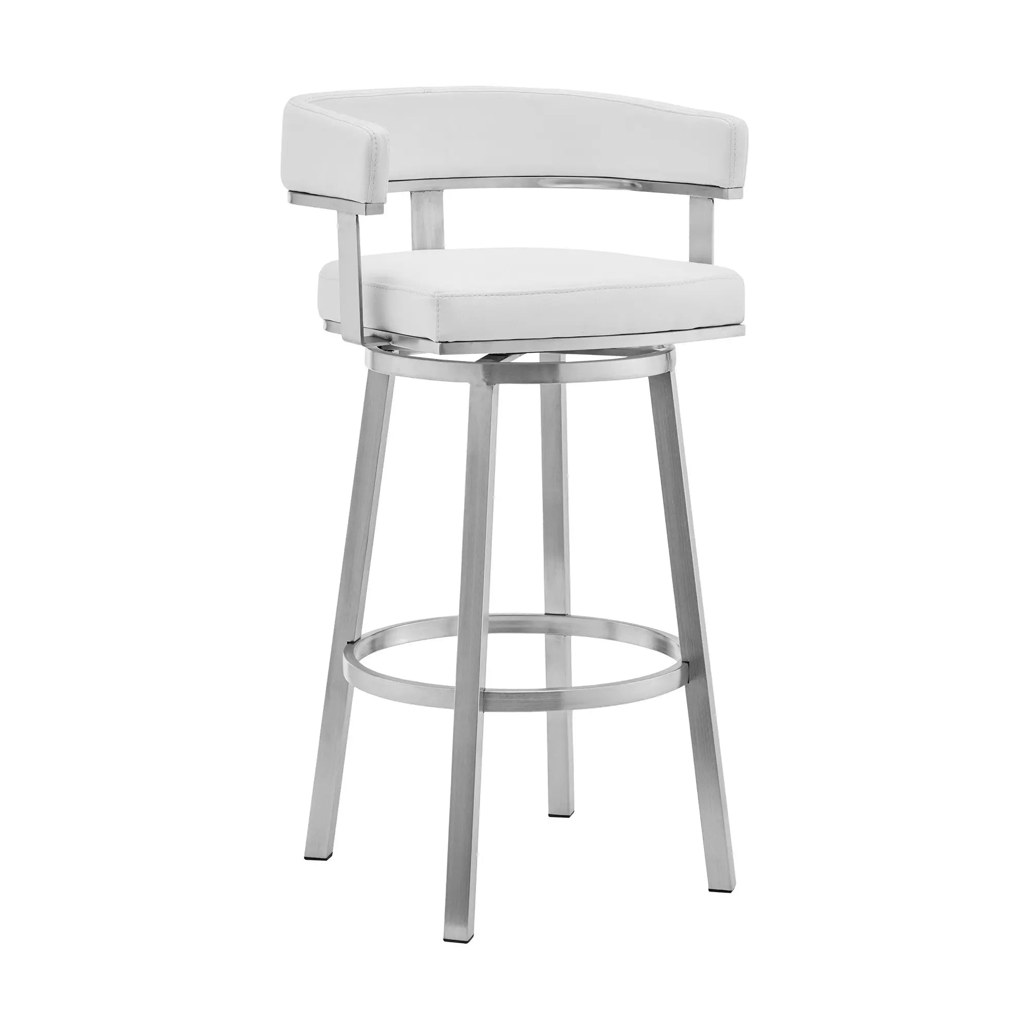 26" White And Silver Faux Leather And Stainless Steel Low Back Counter Height Swivel Bar Chair Homeroots Living Room
