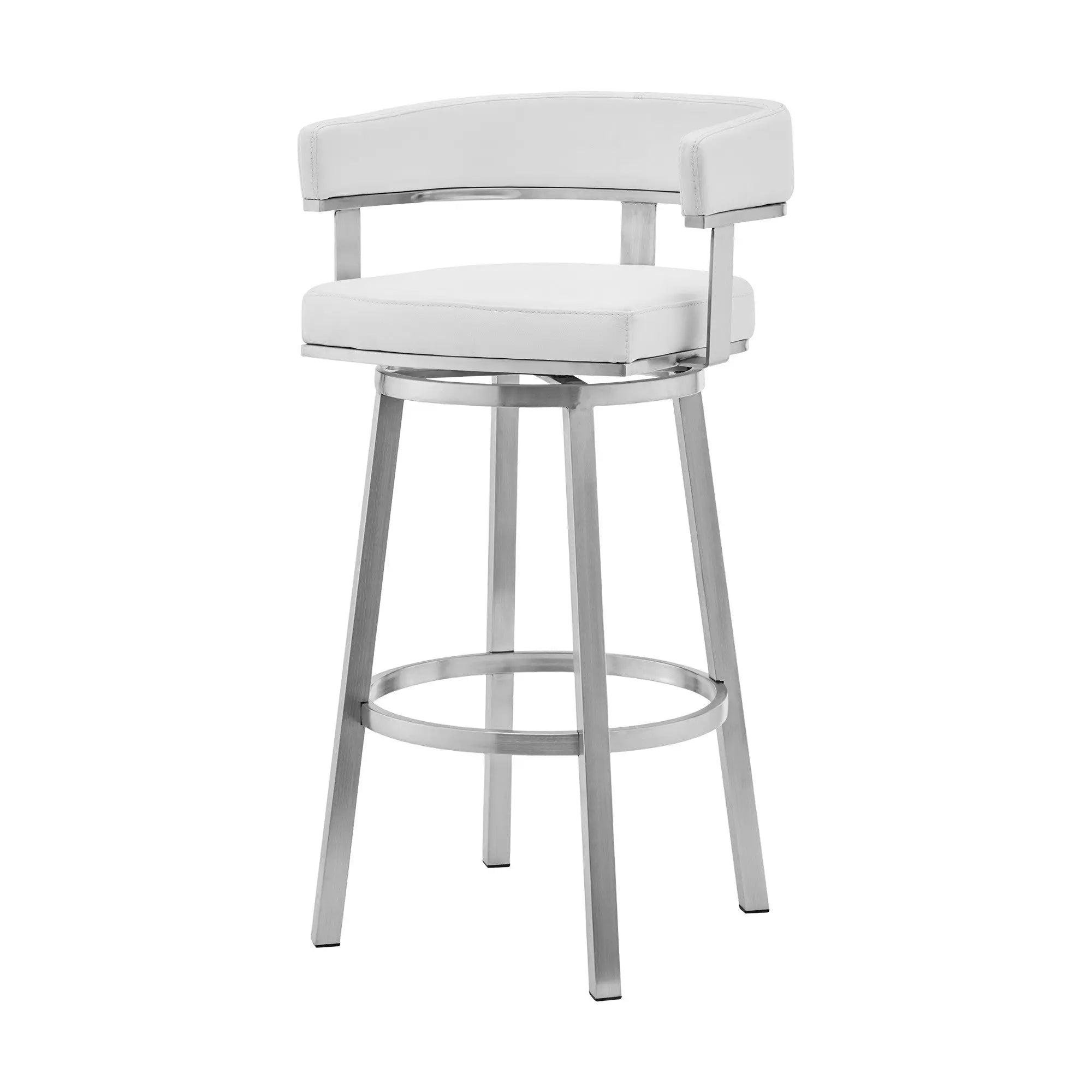 26" White And Silver Faux Leather And Stainless Steel Low Back Counter Height Swivel Bar Chair Homeroots Living Room