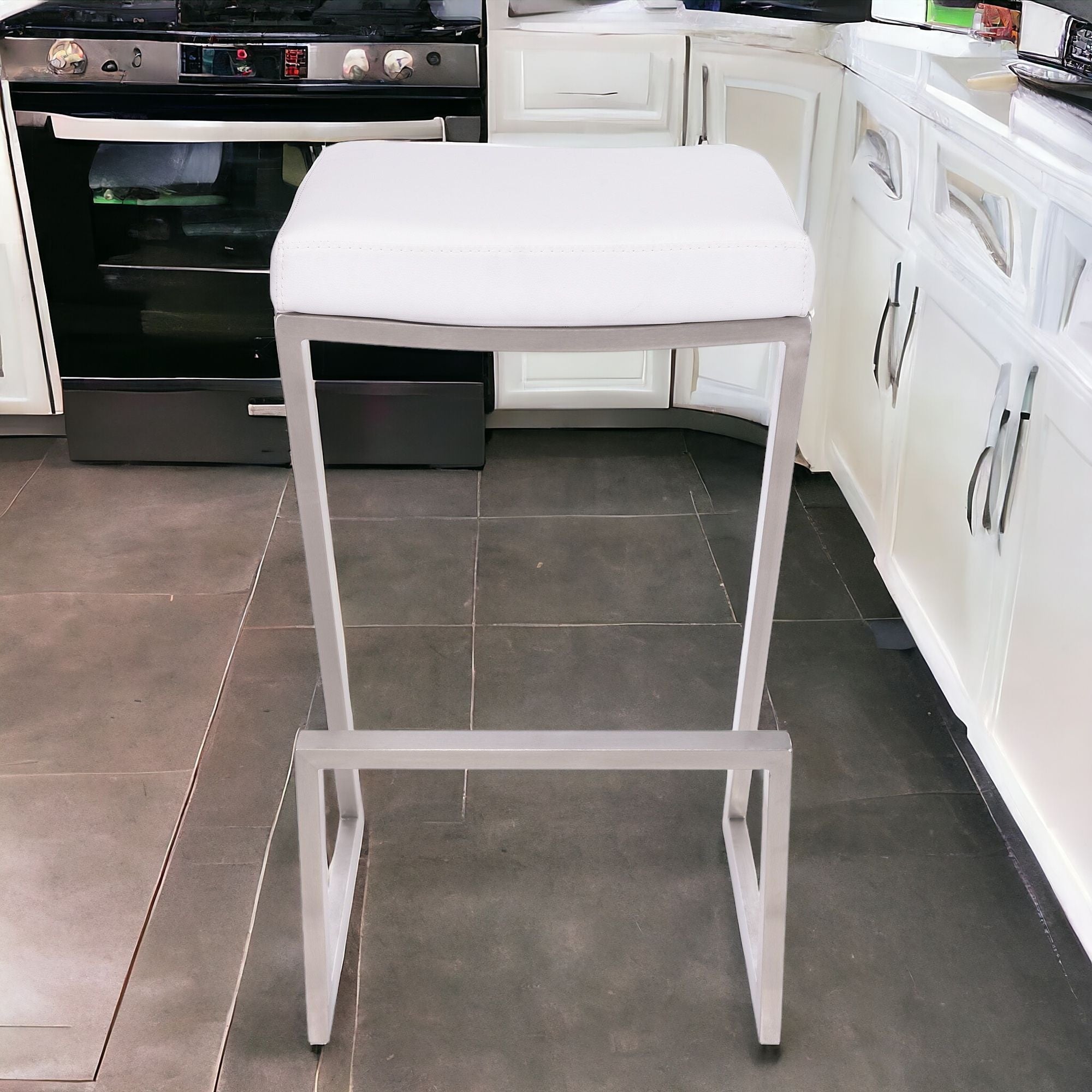 26" White And Silver Iron Backless Counter Height Bar Chair - GreatEagleInc
