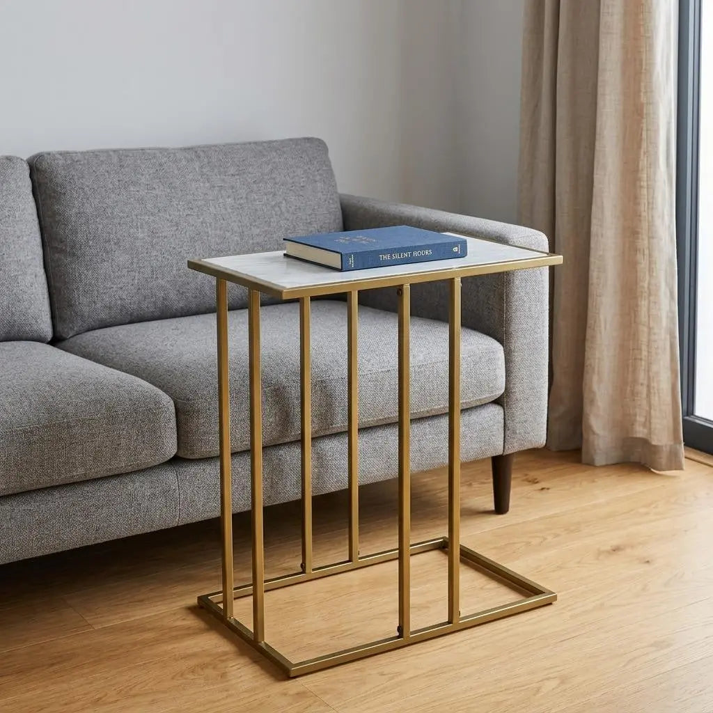 26" White and Antiqued Gold Marble and Iron Frame End Table Homeroots Living Room
