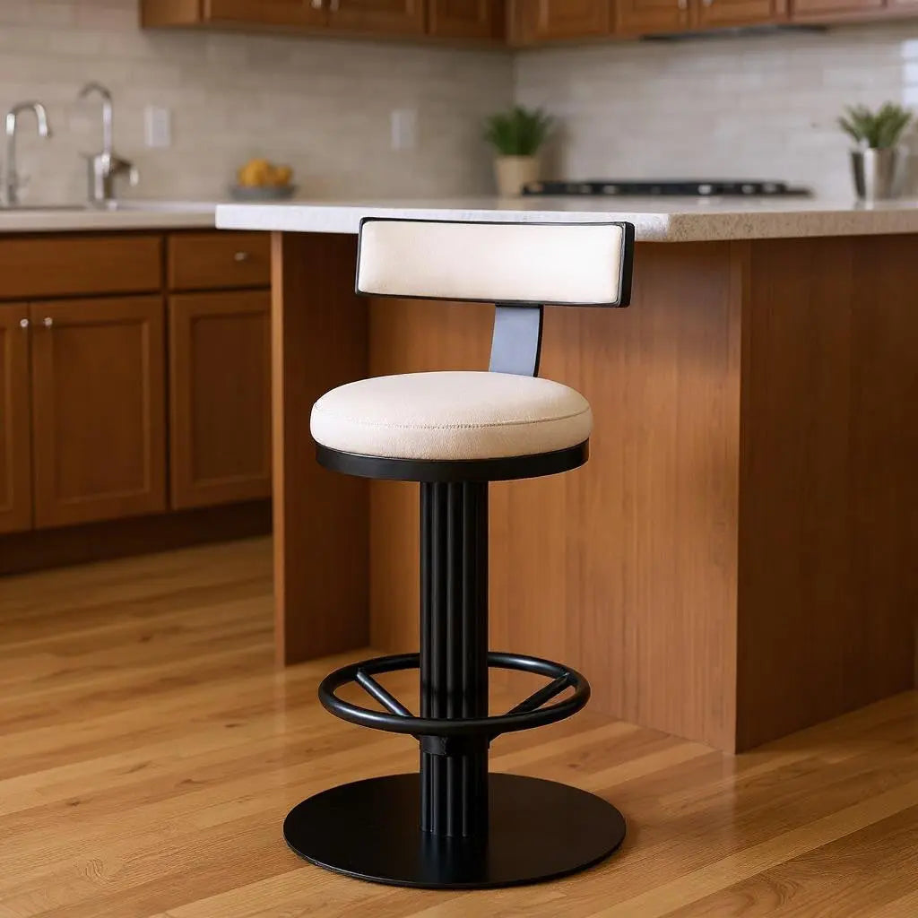 26" White and Black Linen and Steel Counter Height Swivel Bar Chair Homeroots Living Room