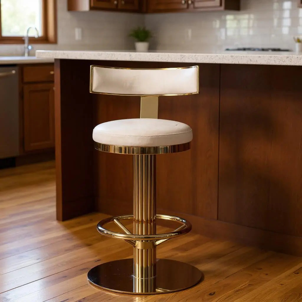 26" White and Gold Linen and Steel Counter Height Swivel Bar Chair Homeroots Living Room