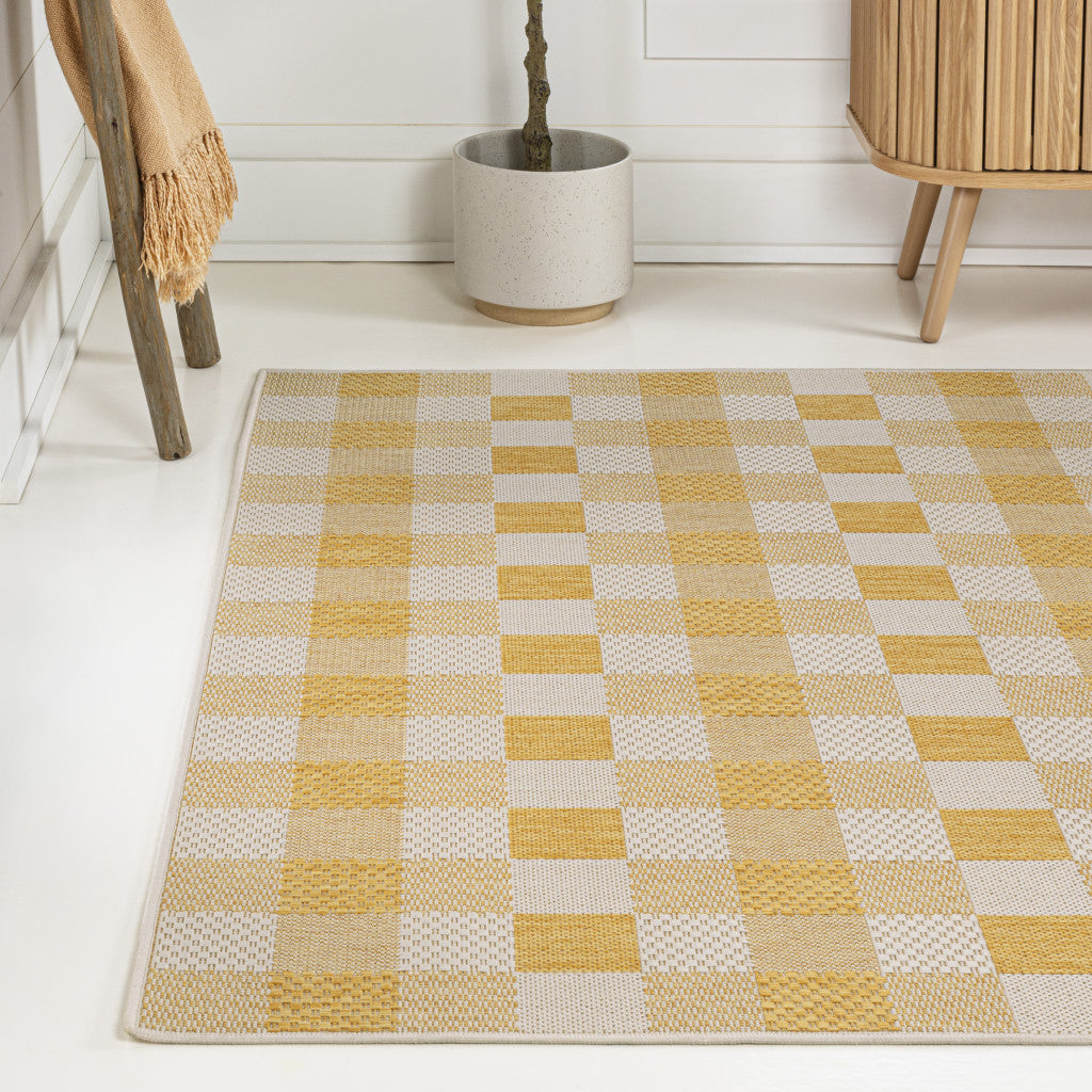 5' X 8' Yellow And Cream Geometric Indoor Outdoor Area Rug - GreatEagleInc