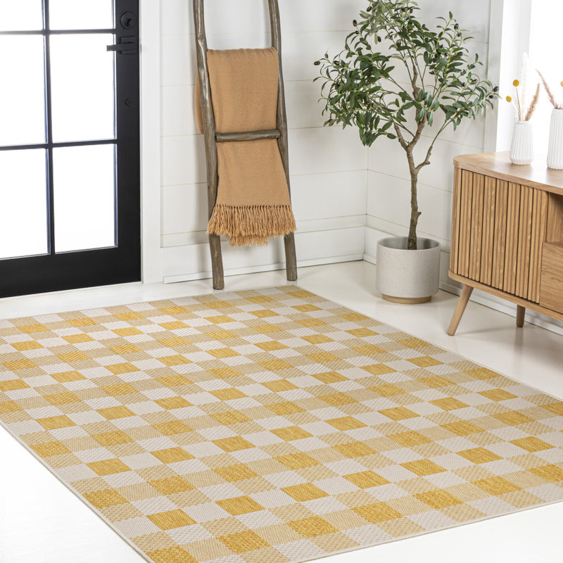 5' X 8' Yellow And Cream Geometric Indoor Outdoor Area Rug - GreatEagleInc