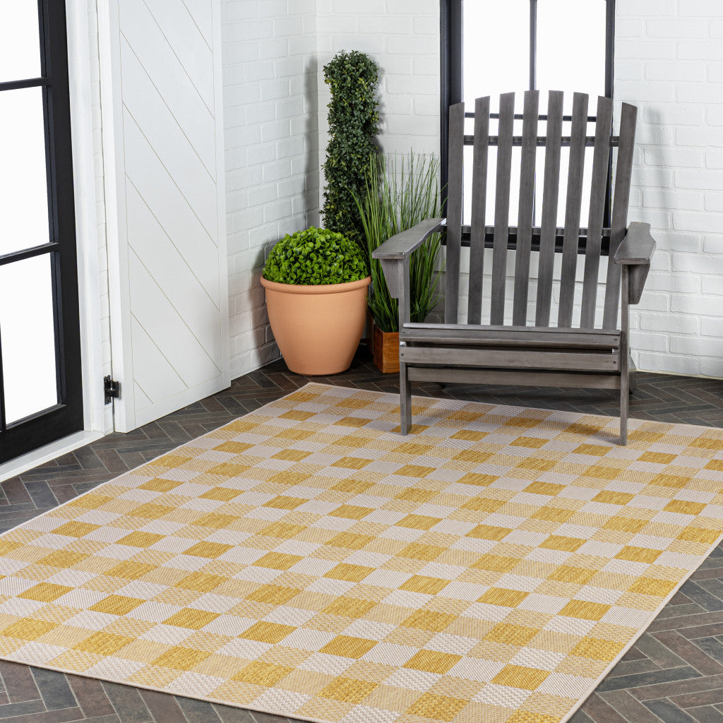 5' X 8' Yellow And Cream Geometric Indoor Outdoor Area Rug - GreatEagleInc