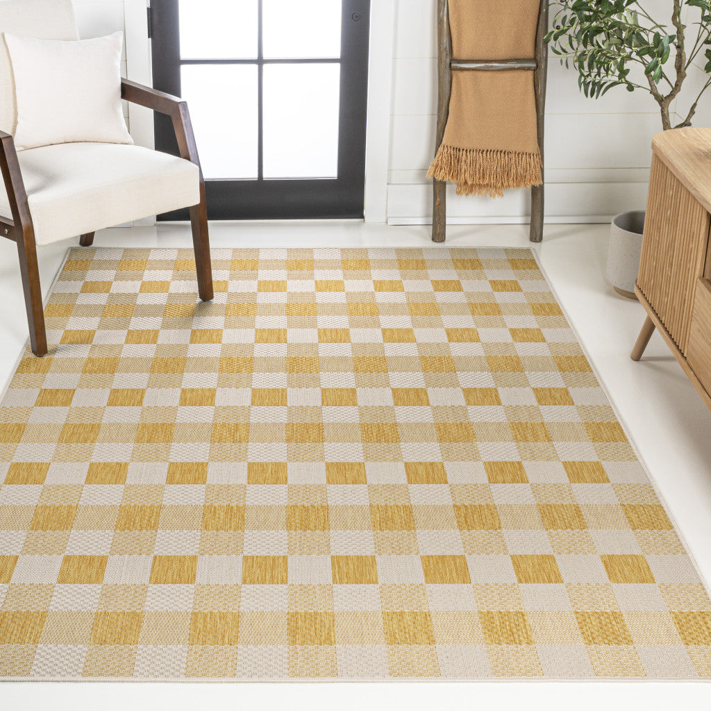 5' X 8' Yellow And Cream Geometric Indoor Outdoor Area Rug - GreatEagleInc