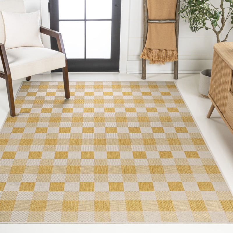 5' X 8' Yellow And Cream Geometric Indoor Outdoor Area Rug - GreatEagleInc