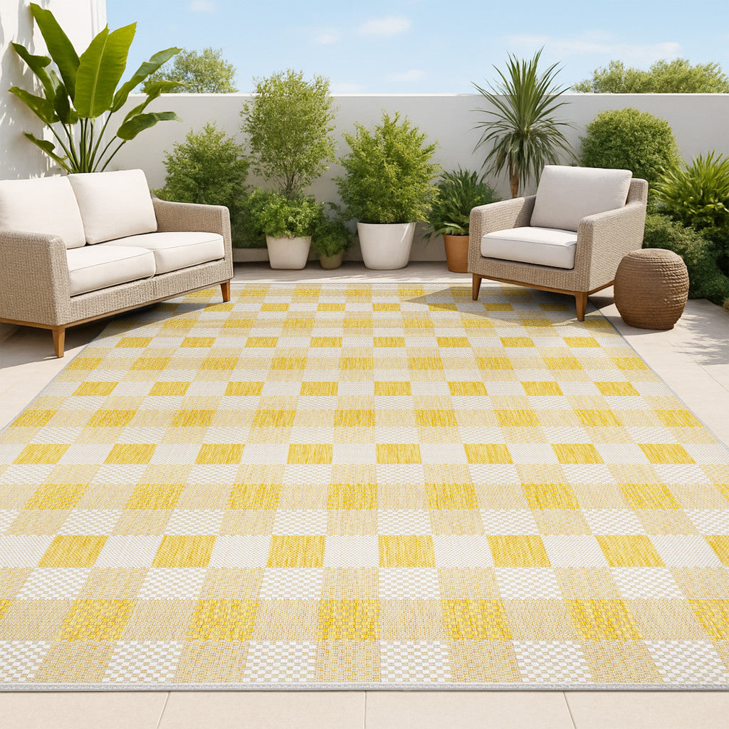 5' X 8' Yellow And Cream Geometric Indoor Outdoor Area Rug - GreatEagleInc