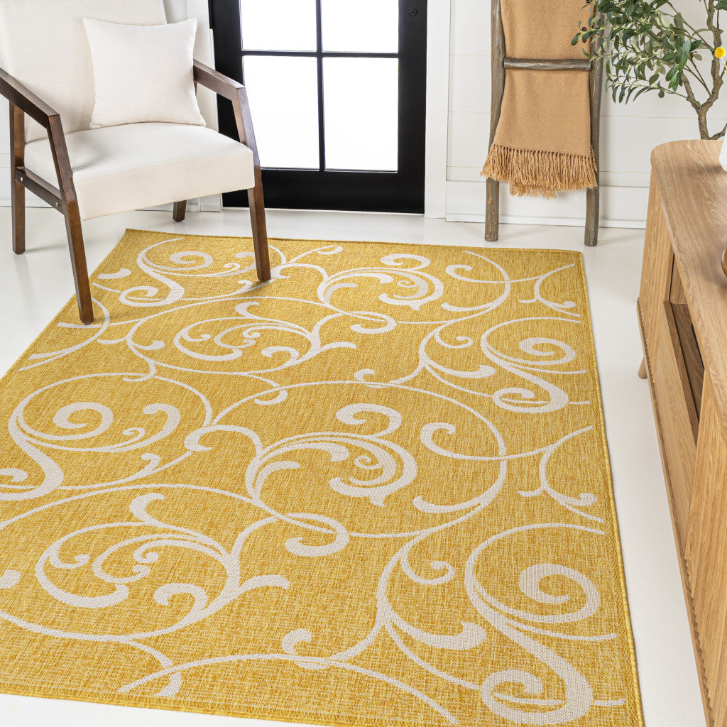 5' X 8' Yellow And Cream Floral Indoor Outdoor Area Rug - GreatEagleInc