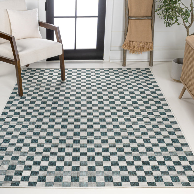 5' X 8' Turquoise And Cream Geometric Indoor Outdoor Area Rug - GreatEagleInc