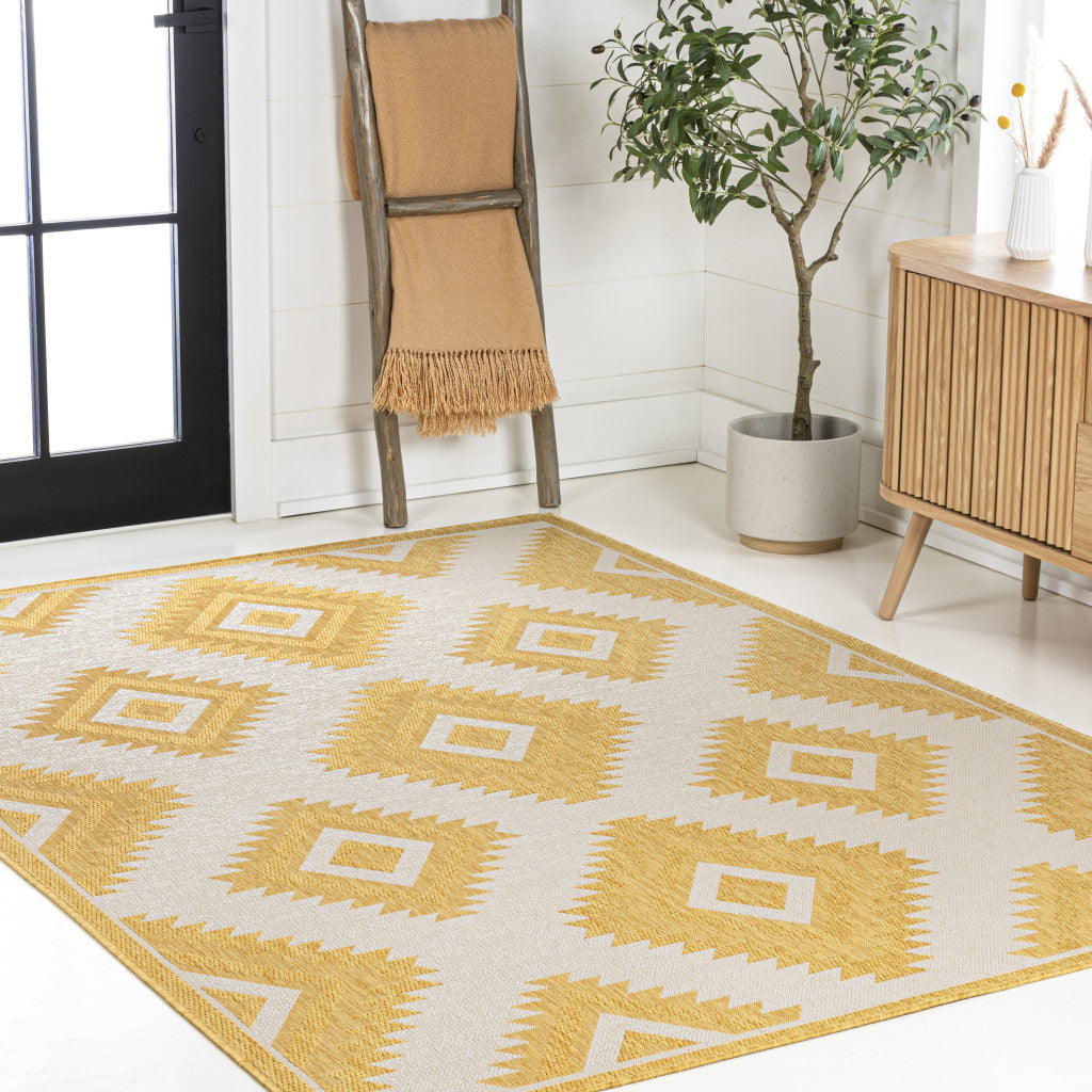 5' X 8' Yellow And Cream Moroccan Indoor Outdoor Area Rug - GreatEagleInc