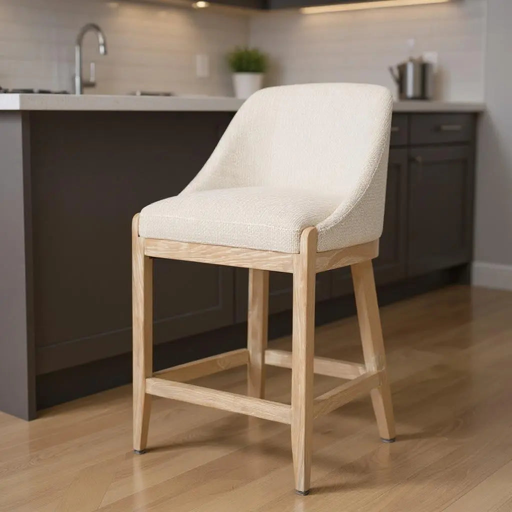 27" Beige and Natural Fabric and Solid Wood Counter Height Bar Chair Homeroots Living Room