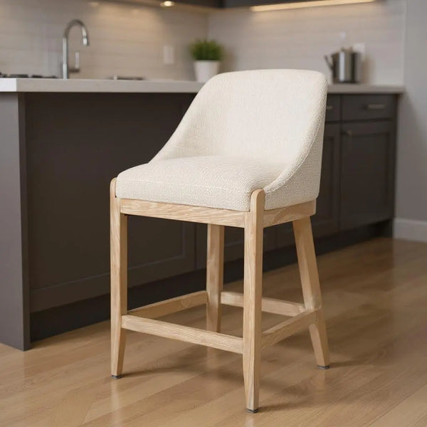 27" Beige and Natural Fabric and Solid Wood Counter Height Bar Chair Homeroots Living Room