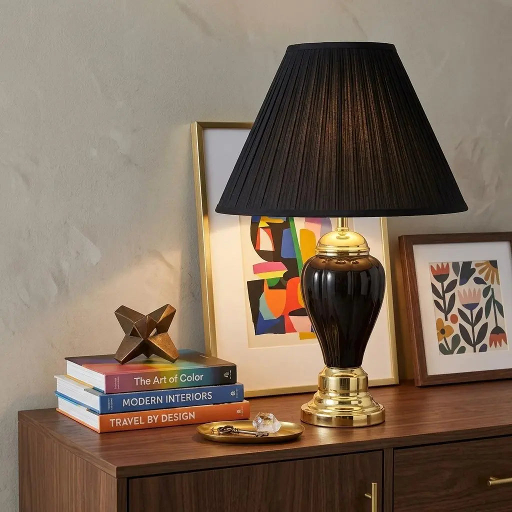 27" Black and Gold Ceramic Urn Table Lamp With Black Empire Shade Homeroots Lighting
