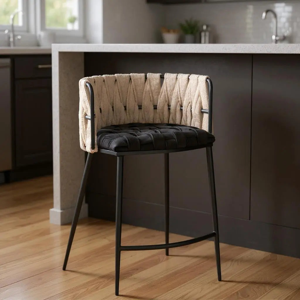 27" Black and White Velvet Boucle and Metal Low Back Counter Height Bar Chair Homeroots Living Room