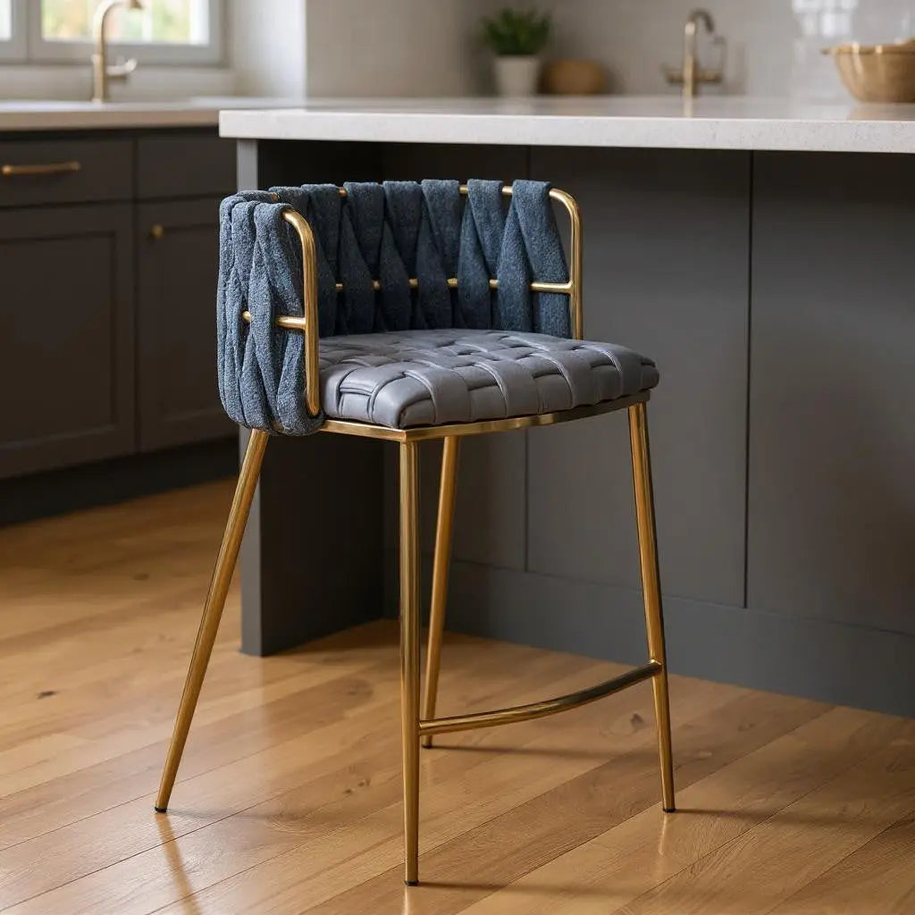 27" Blue and Gold Faux Leather Linen and Steel Low Back Counter Height Bar Chair Homeroots Living Room
