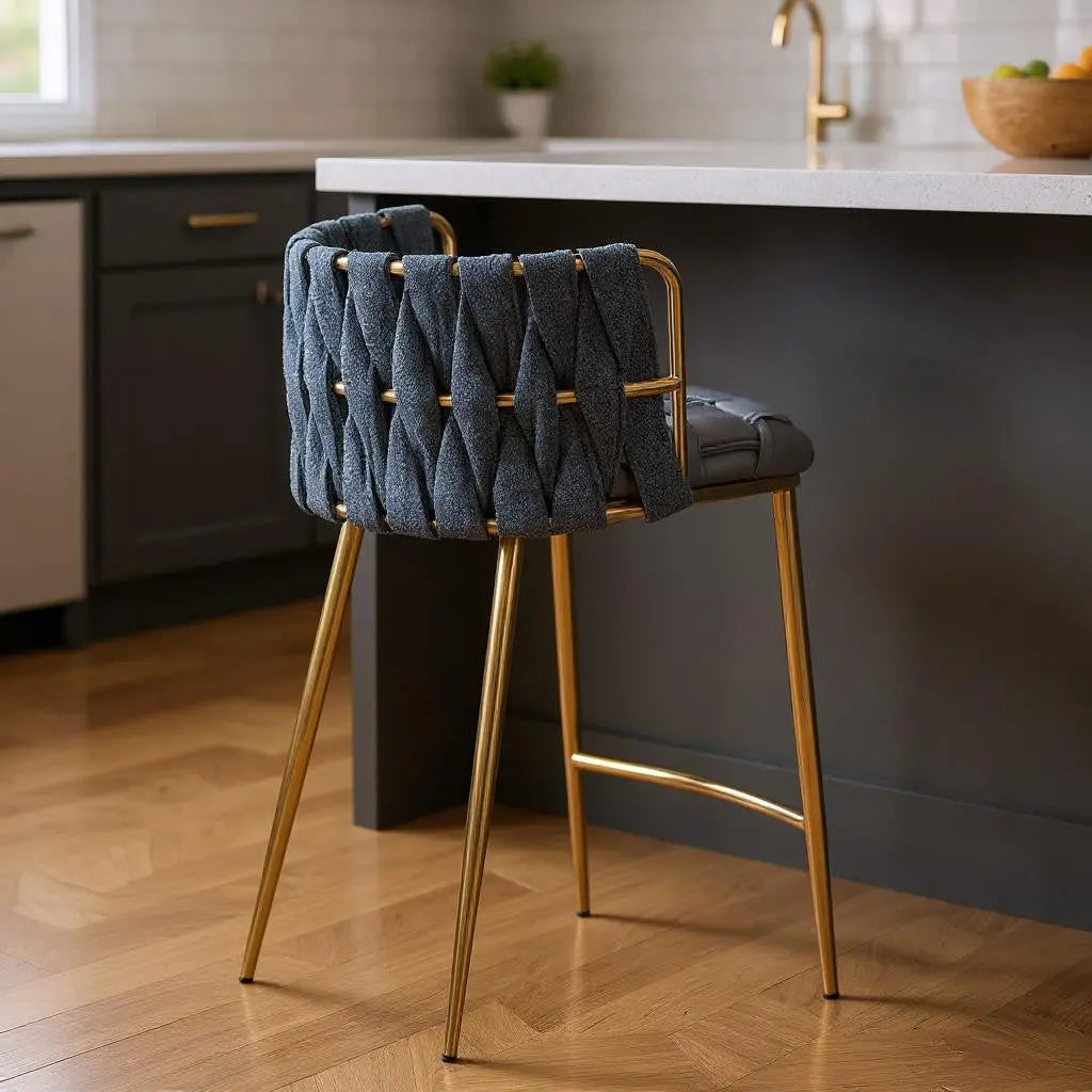 27" Blue and Gold Faux Leather Linen and Steel Low Back Counter Height Bar Chair Homeroots Living Room
