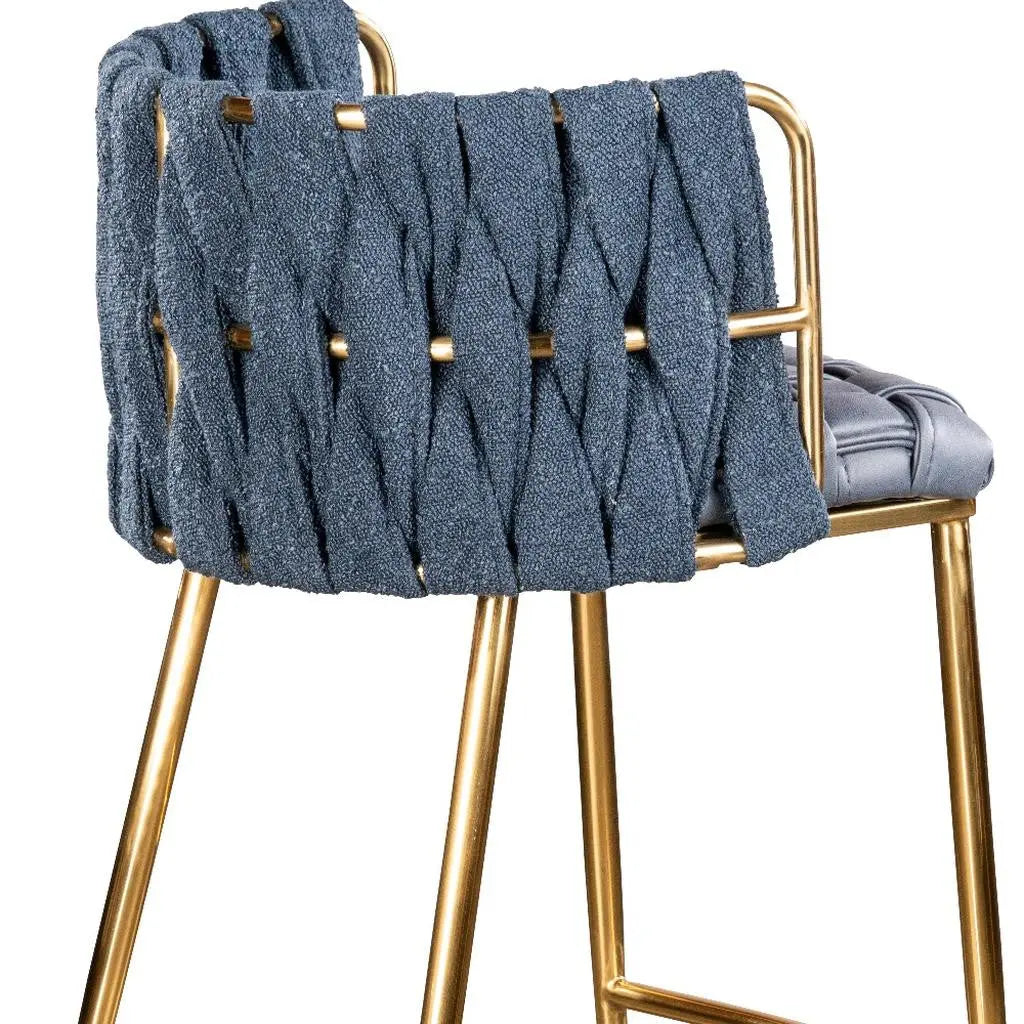 27" Blue and Gold Faux Leather Linen and Steel Low Back Counter Height Bar Chair Homeroots Living Room
