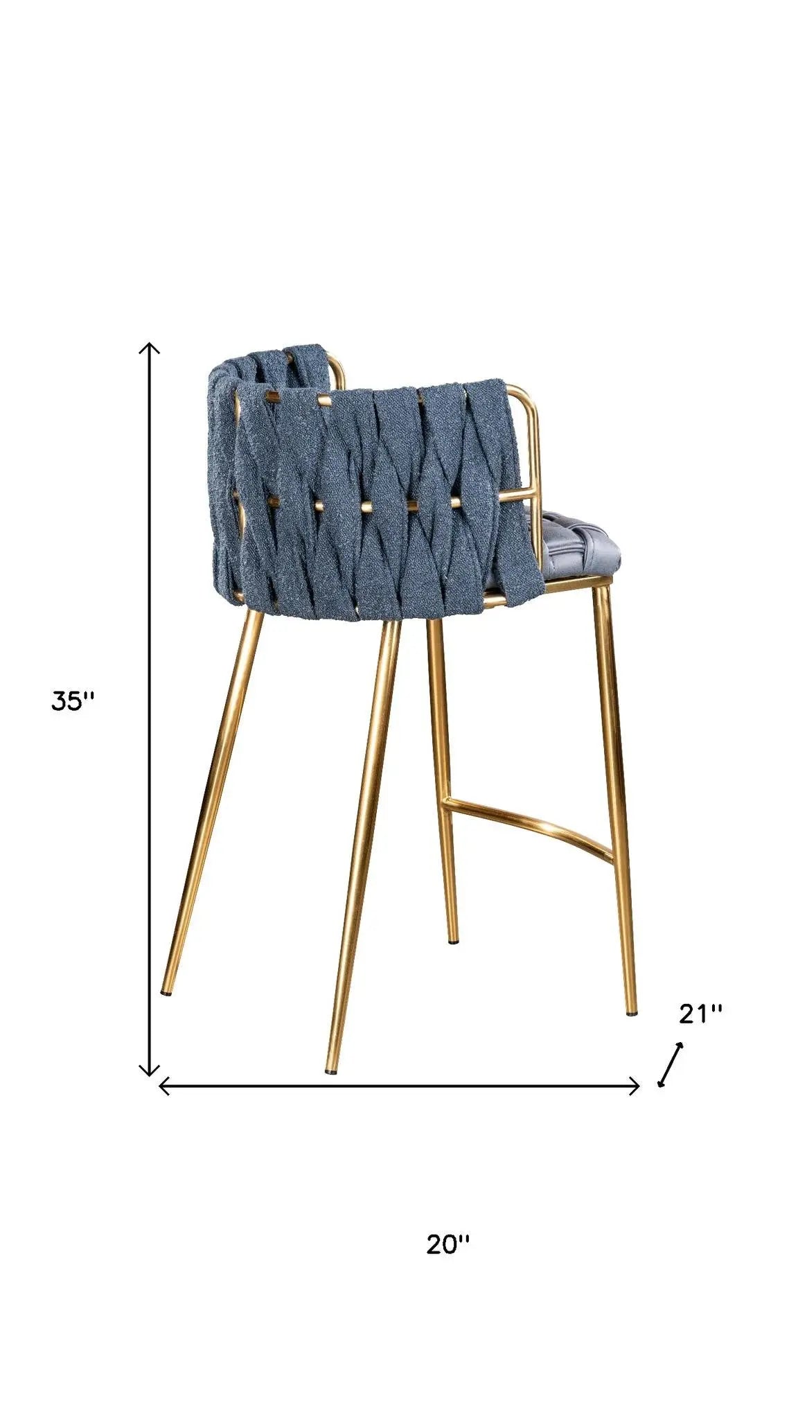 27" Blue and Gold Faux Leather Linen and Steel Low Back Counter Height Bar Chair Homeroots Living Room