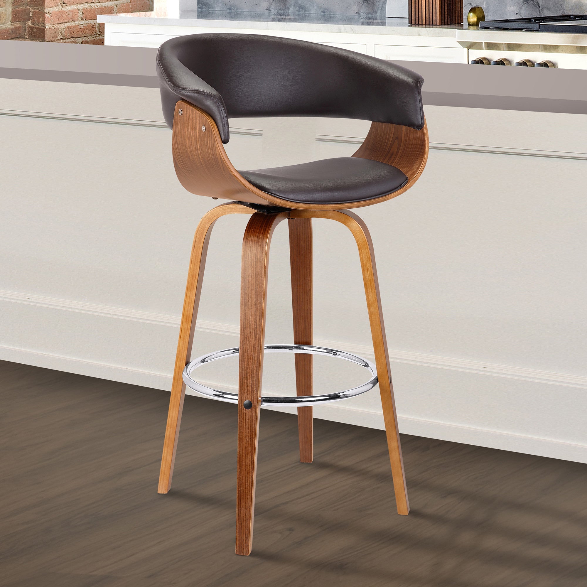 27" Brown Faux Leather And Iron Swivel Low Back Counter Height Bar Chair - GreatEagleInc