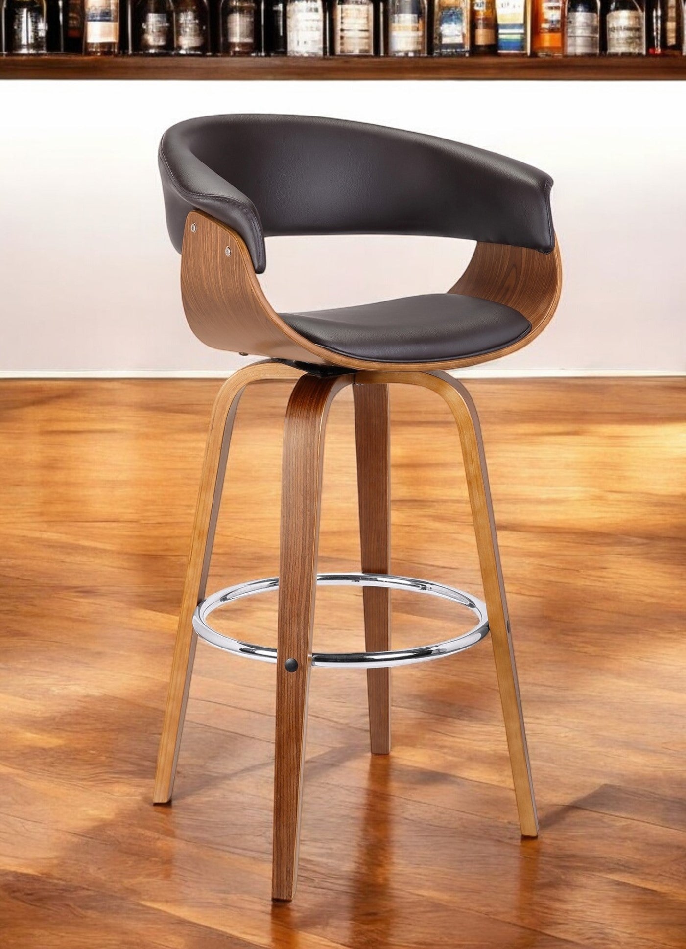 27" Brown Faux Leather And Iron Swivel Low Back Counter Height Bar Chair - GreatEagleInc