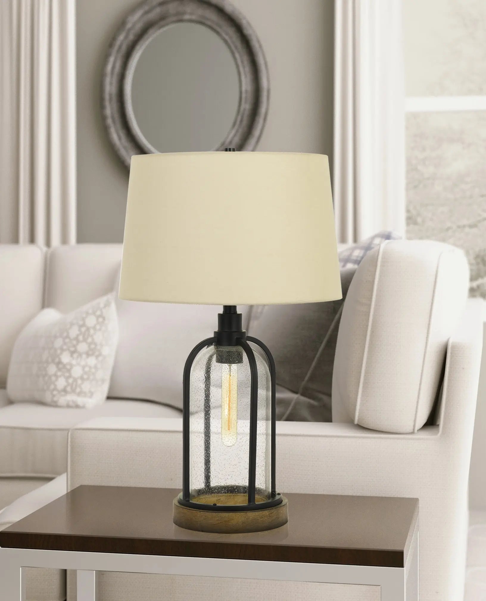 27" Brown Metal Two Light Globe Table Lamp With Eggshell Empire Shade Homeroots Lighting