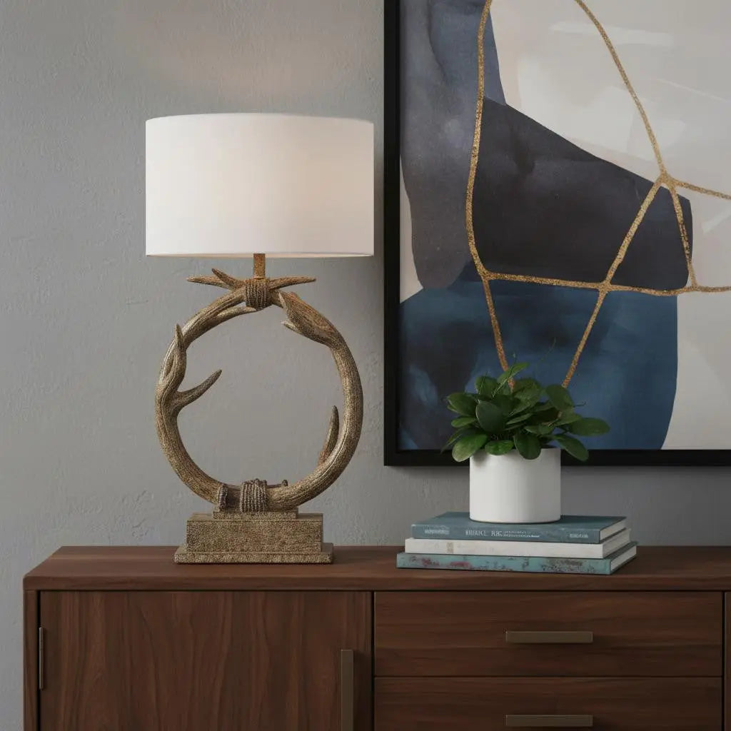 27" Brown Rustic Faux Antlers Table Lamp With White Drum Shade Homeroots Lighting