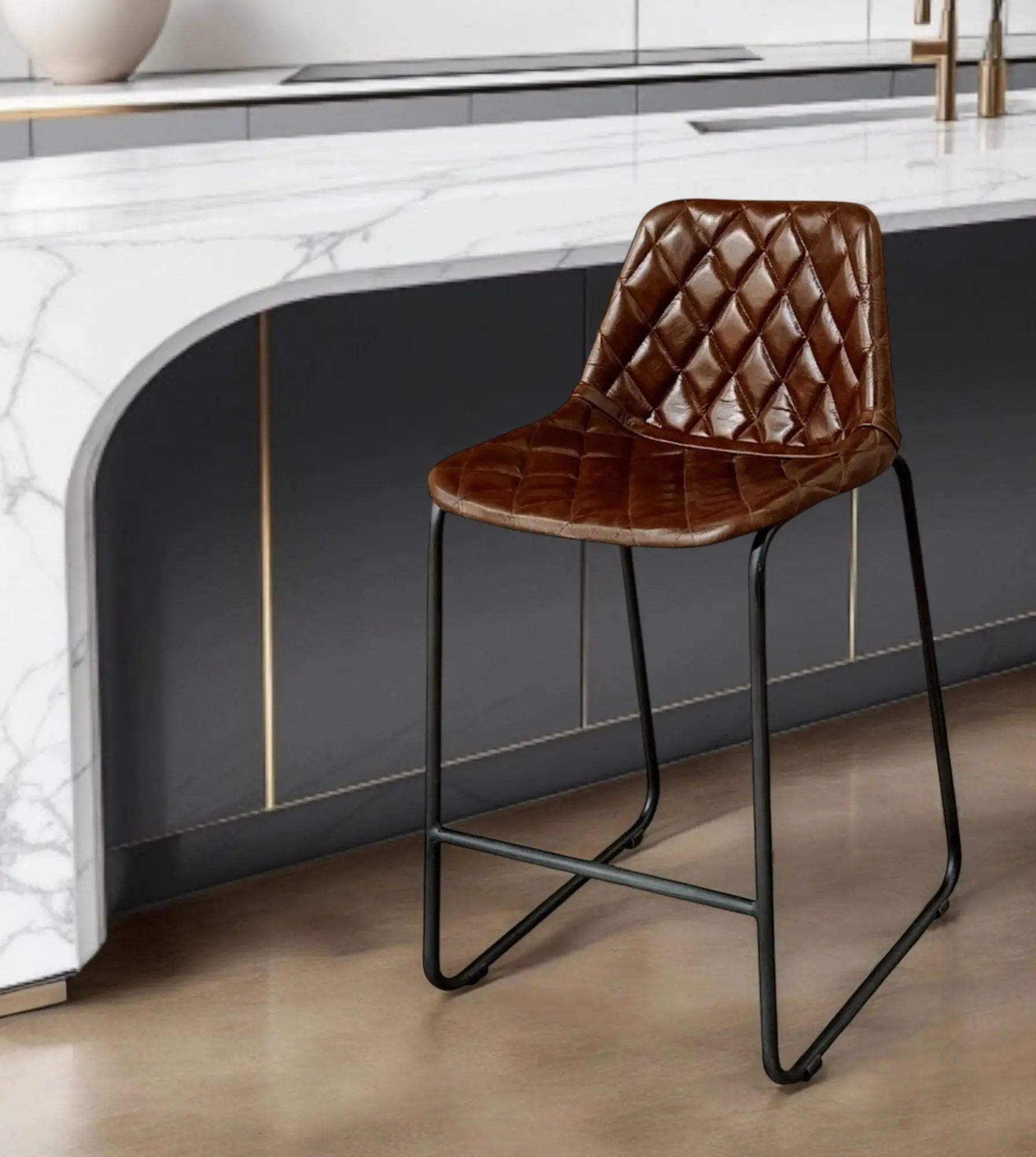 27" Brown and Black Leather and Iron Counter Height Bar Chair Homeroots Living Room