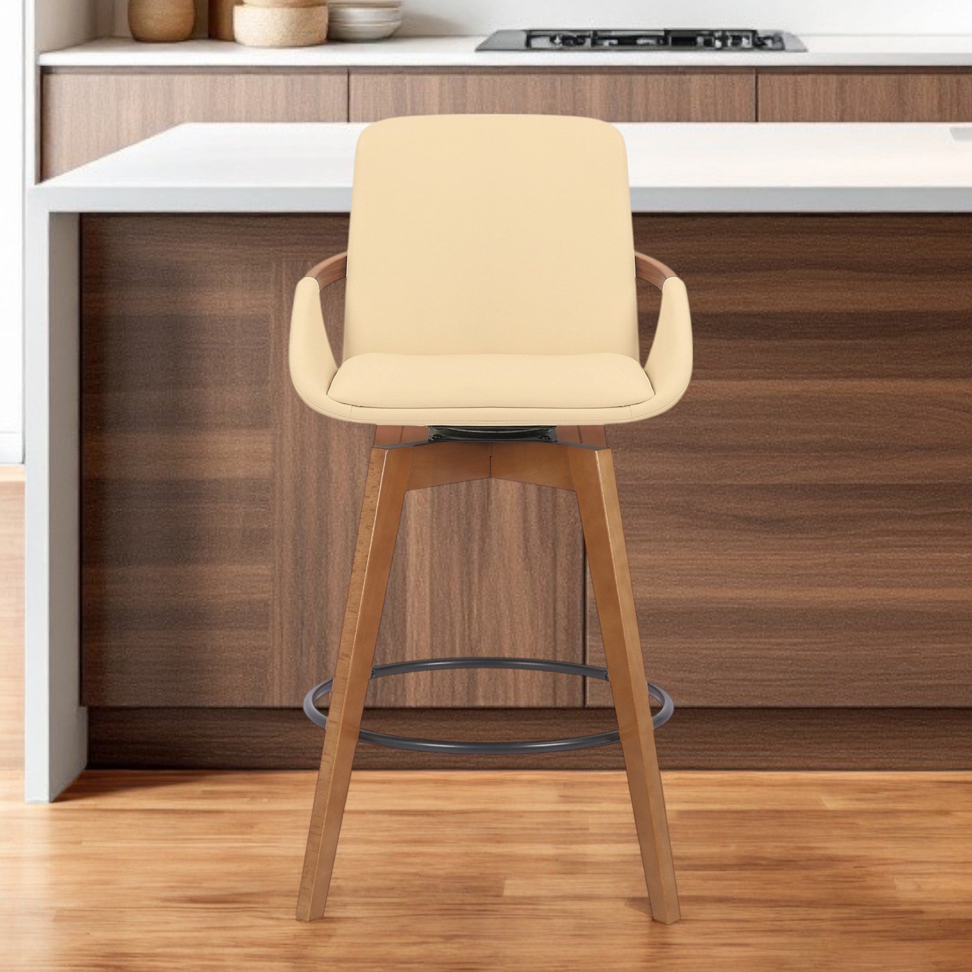27" Cream And Black Powder Coated Footrest Iron Swivel Counter Height Bar Chair - GreatEagleInc