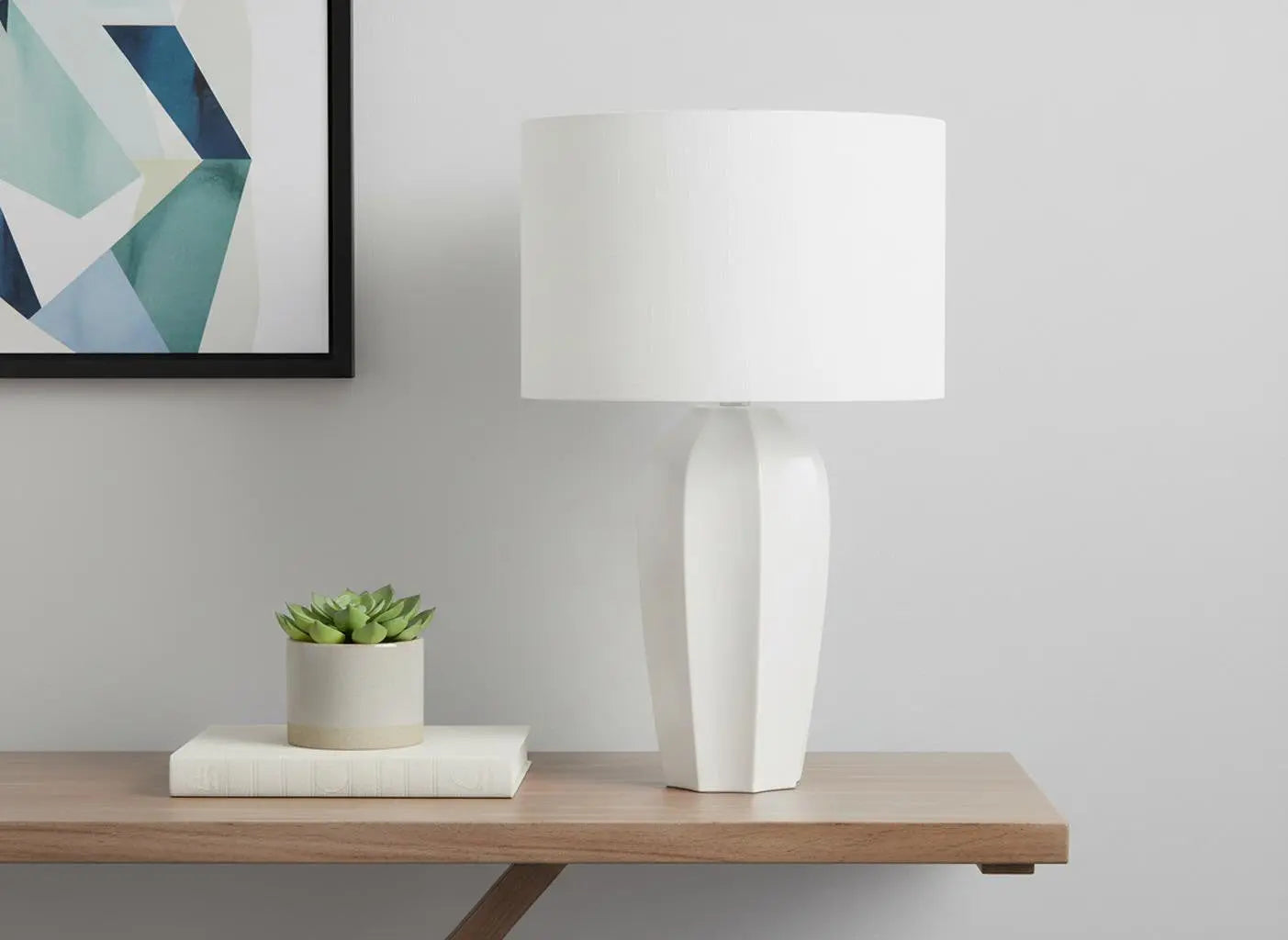 27" Cream Ceramic Geometric Table Lamp With Cream Drum Shade Homeroots Lighting