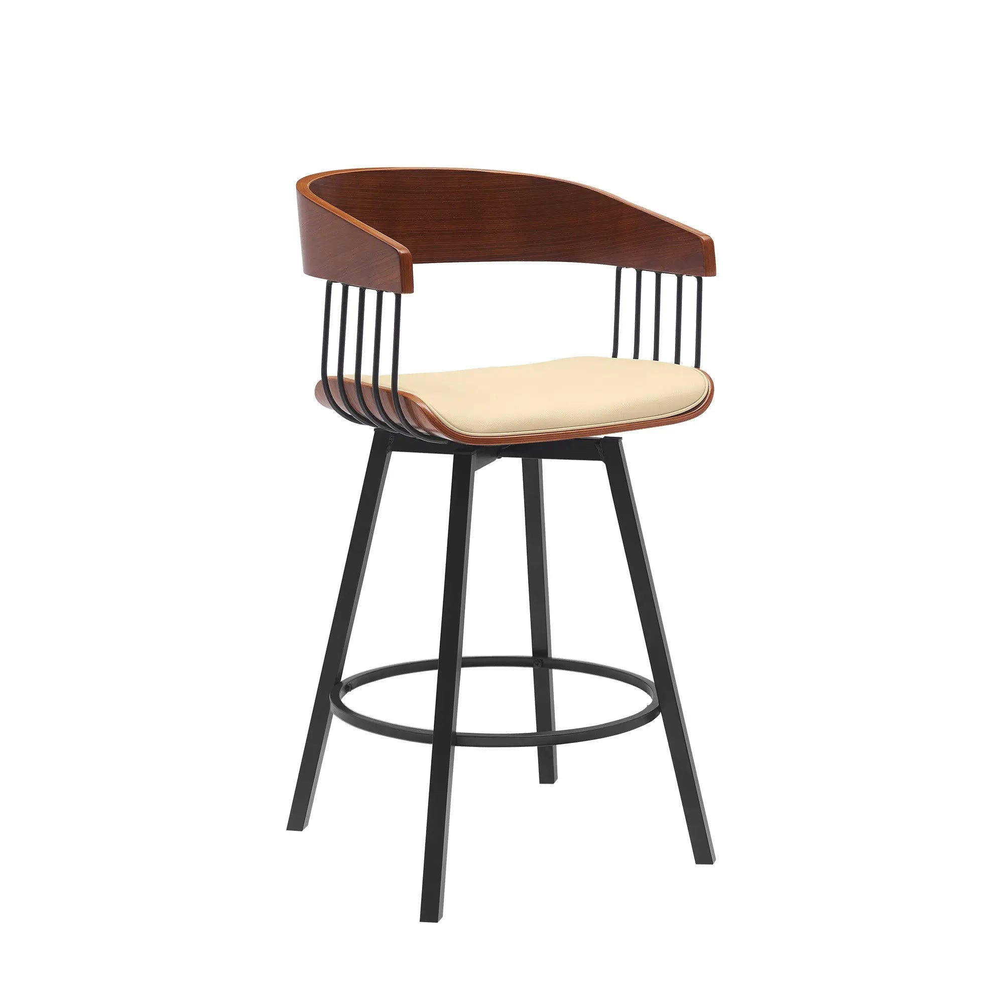 27" Cream and Black Faux Leather with Metal Swivel Counter Height Bar Chair Homeroots Living Room
