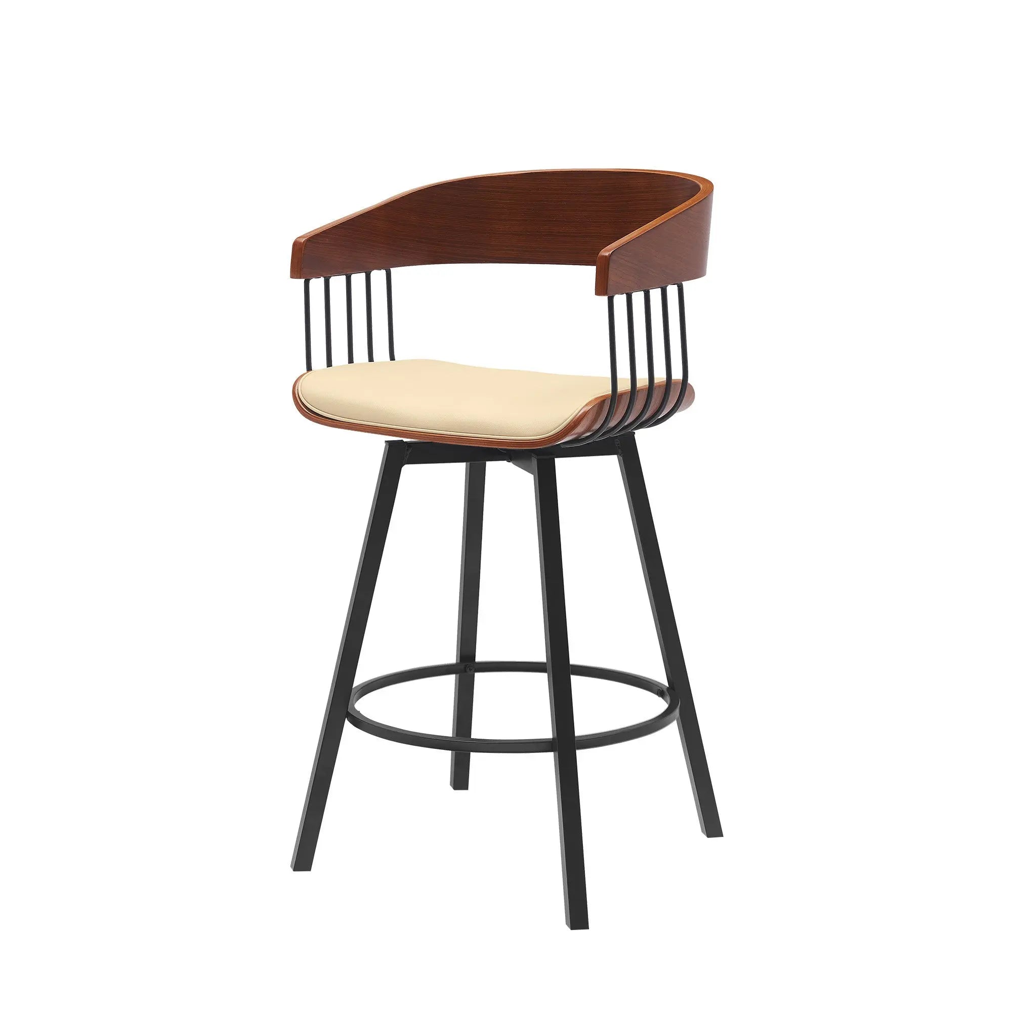 27" Cream and Black Faux Leather with Metal Swivel Counter Height Bar Chair Homeroots Living Room