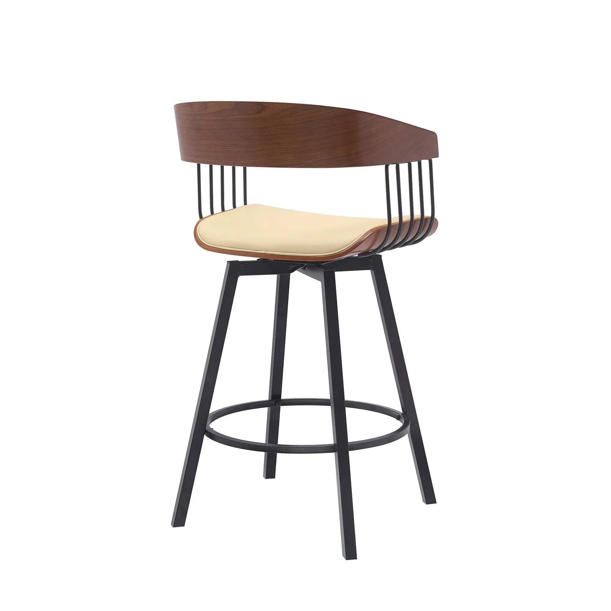 27" Cream and Black Faux Leather with Metal Swivel Counter Height Bar Chair Homeroots Living Room