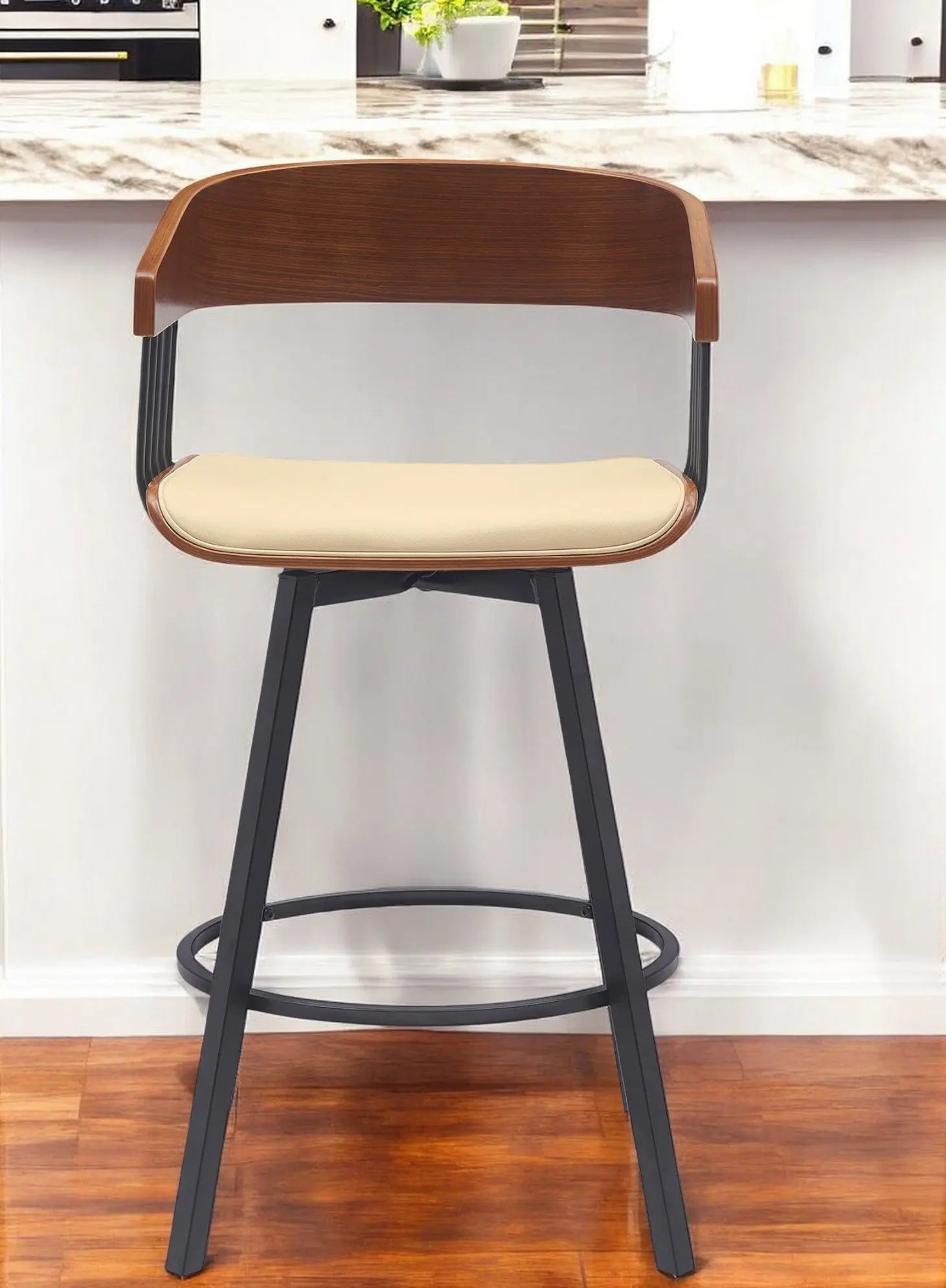 27" Cream and Black Faux Leather with Metal Swivel Counter Height Bar Chair Homeroots Living Room