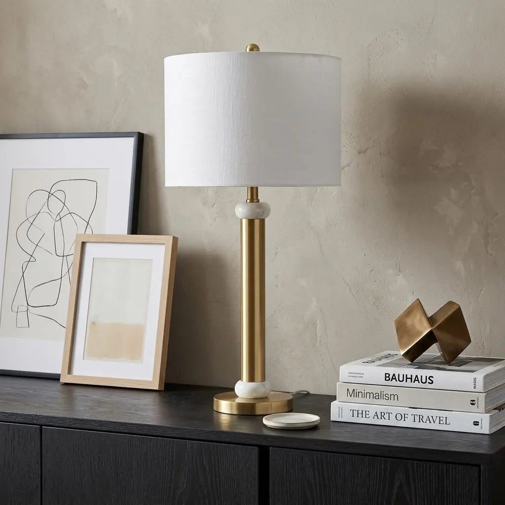 27" Gold Novelty Table Lamp With Drum Shade Homeroots Lighting