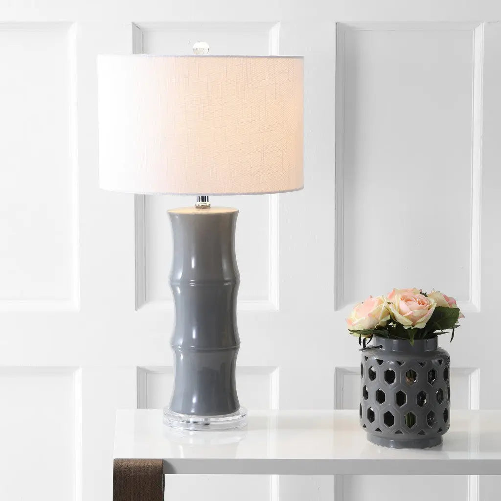 27" Gray And Clear Gourd Bedside Lamp With Drum Shade Homeroots Lighting